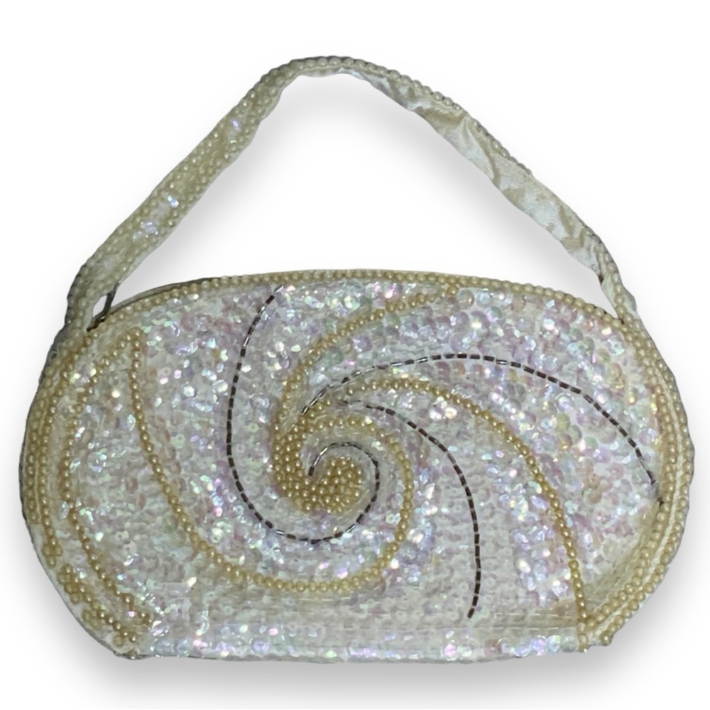 La Regale Vintage Evening Clutch Bag 1960 Pearl Beaded Sparkle Sequin Off White - Picture 16 of 16